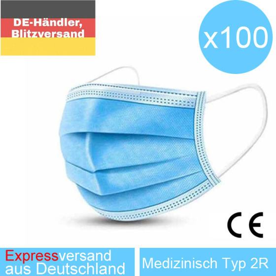 100x Medizinische Atemschutzmaske Mundschutz Typ 2R