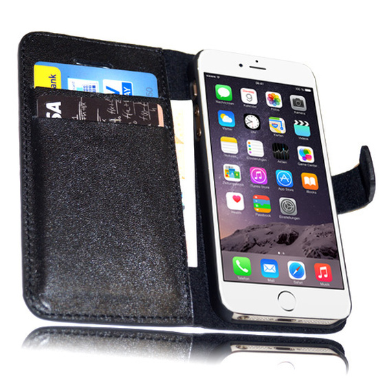 Echt Leder Bookstyle Tasche fr  iPhone 6 Plus / 6S Plus Schwarz