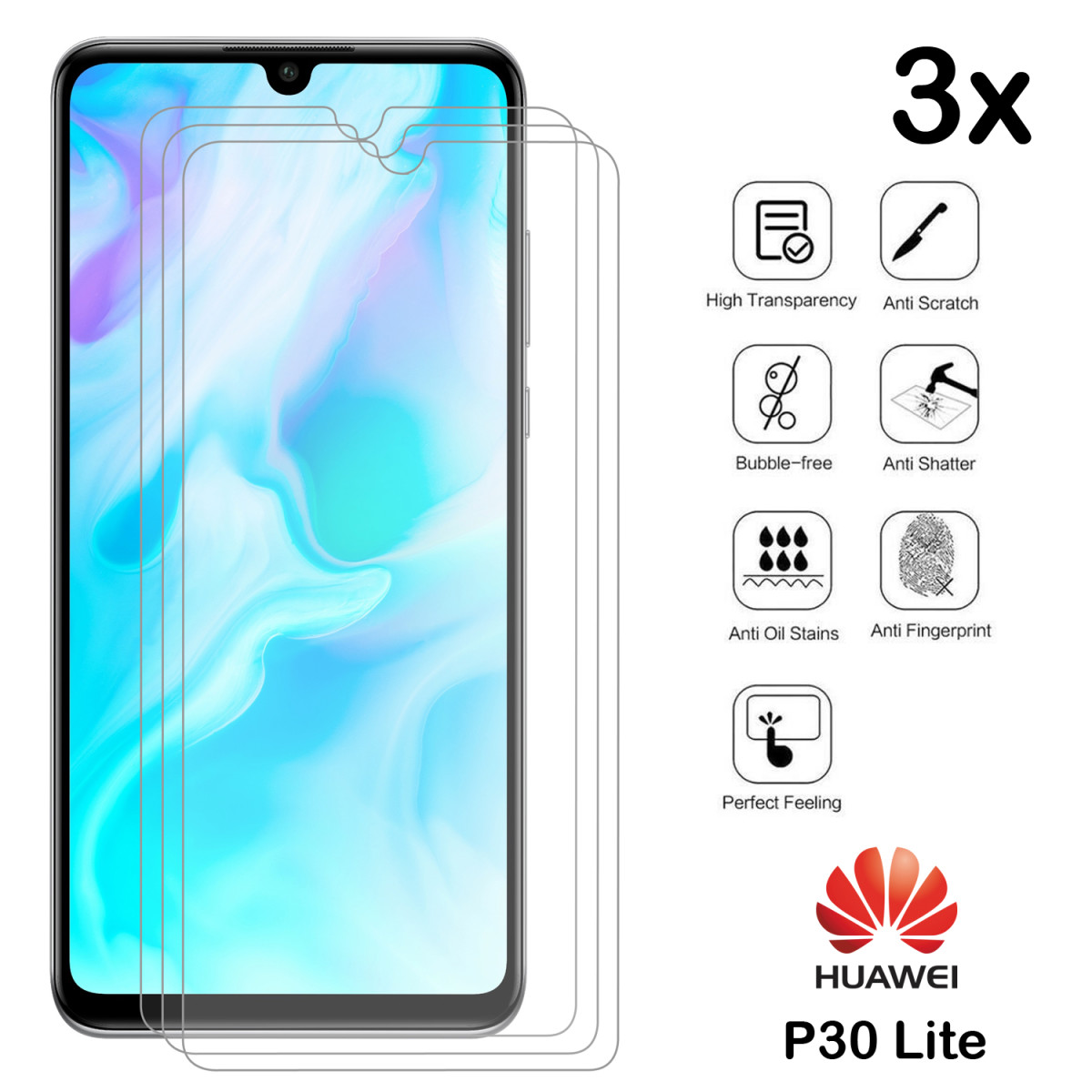 3x Schutzglas für Huawei P30 Lite