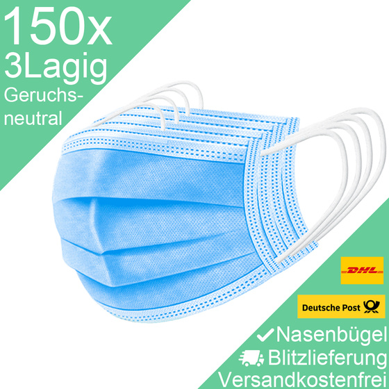 150x Dreilagige Atemschutzmaske aus Vlies in Blau