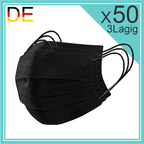 50x Dreilagige Atemschutzmaske aus Vlies in Schwarz