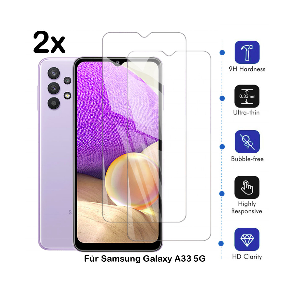 2x Schutzglas für Samsung Galaxy A33 5G