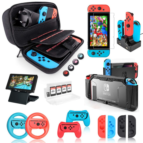 Nintendo Switch Zubehör Bundle (18 in 1) - Tragetasche, Bildschirmschutz, Playstand, Spielhülle, Joystick-Kappe, Ladestation, Griff, Lenkrad