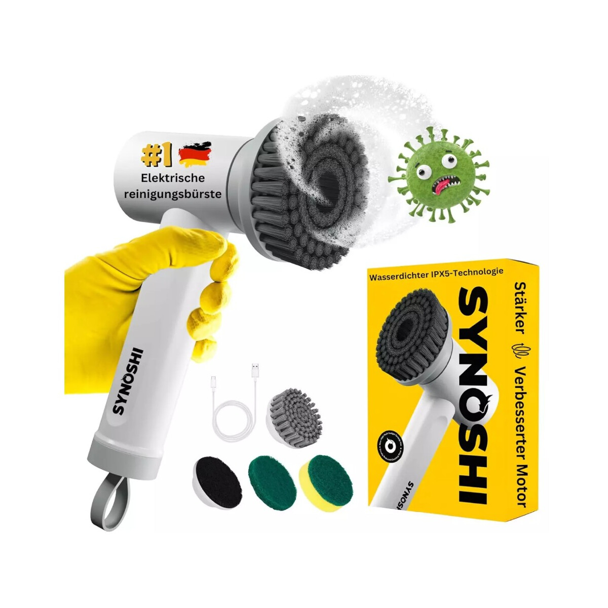 Synoshi Elektrische Reinigungsbürste Akku USB C Rotatio