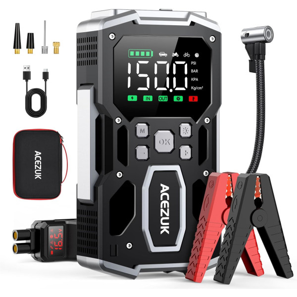 ACEZUK Starthilfe Powerbank 26800mAh 6000A, 150PSI Kompressor, LED Taschenlampe