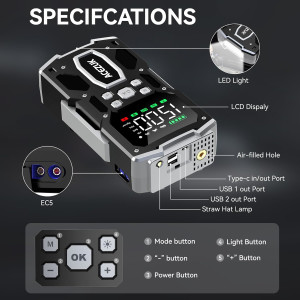 ACEZUK Starthilfe Powerbank 26800mAh 6000A, 150PSI Kompressor, LED Taschenlampe