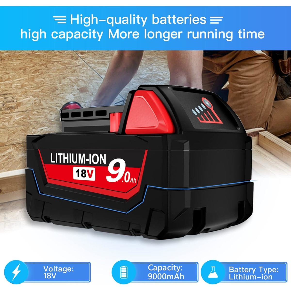 9.0Ah 18V Ersatzakku für Milwaukee M18, kompatibel...