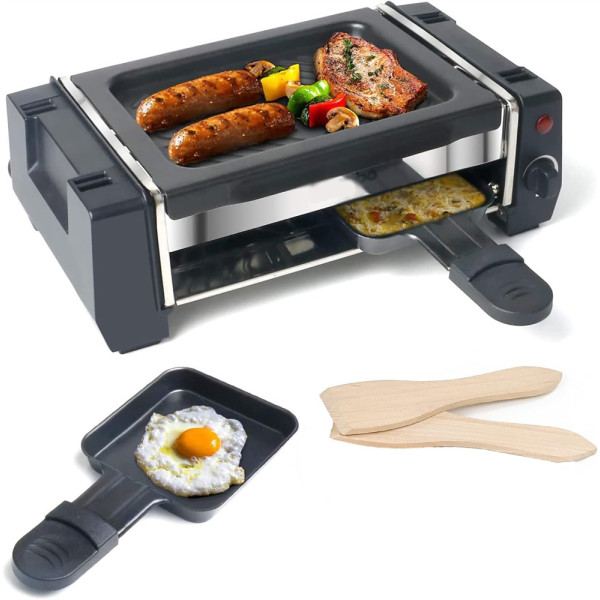 KZAI Mini Raclette Grill für 1-2 Personen, 500W, Antihaftplatte, 2 Pfännchen, 2 Holzspatel