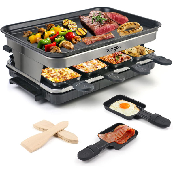 HengBO Raclette Grill 8 Personen, 1500W, Antihaftplatte, 8 Mini Pfännchen & 4 Holzspatel – Edelstahl