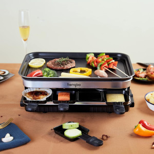 HengBO Raclette Grill 8 Personen, 1500W, Antihaftplatte, 8 Mini Pfännchen & 4 Holzspatel – Edelstahl