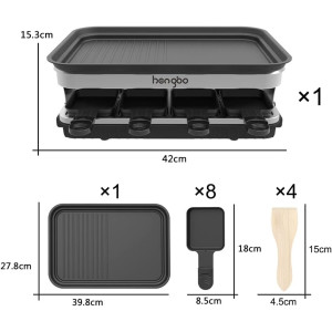 HengBO Raclette Grill 8 Personen, 1500W, Antihaftplatte, 8 Mini Pfännchen & 4 Holzspatel – Edelstahl