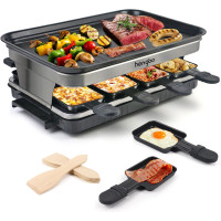 HengBO Raclette Grill 8 Personen, 1500W, Antihaftplatte, 8 Mini Pfännchen & 4 Holzspatel – Edelstahl