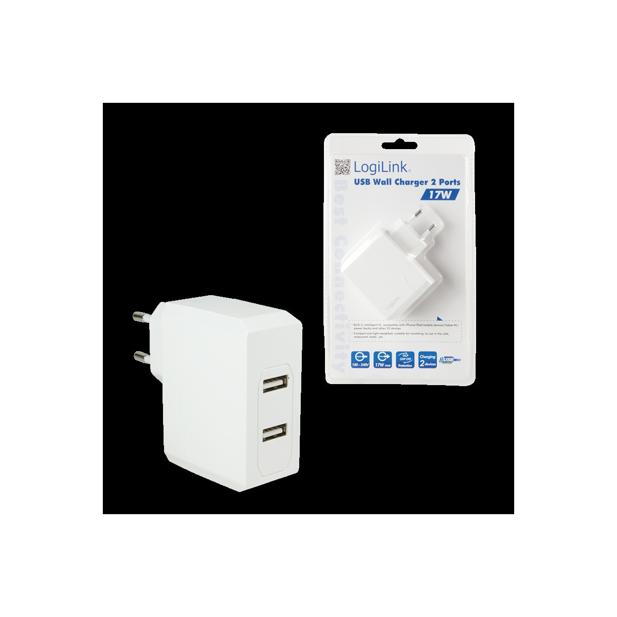 LogiLink USB Steckdosenadapter 2x USB 17W...