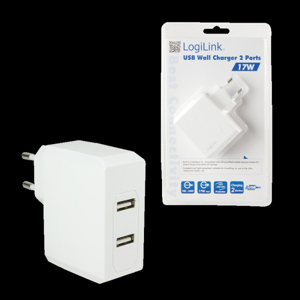 LogiLink USB Steckdosenadapter 2x USB 17W Schnellladegerät Weiß