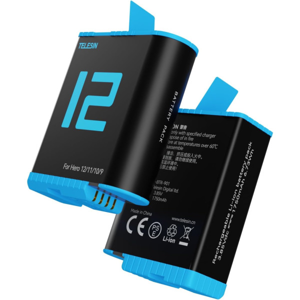 Telesin Akku für GoPro Hero 12/11/10/9 (1750 mAh) – Schnellladen & Lange Aufnahmezeit