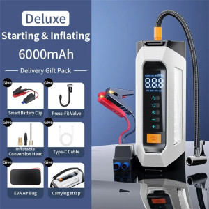 PS-219 Notstartgerät 6000mAh Powerbank Luftpumpe LED Auto Starthilfe Weiß