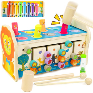 Symiu Baby Spielzeug 3 IN 1 Motorikwürfel Holzspielzeug Hammerspiel Xylophon