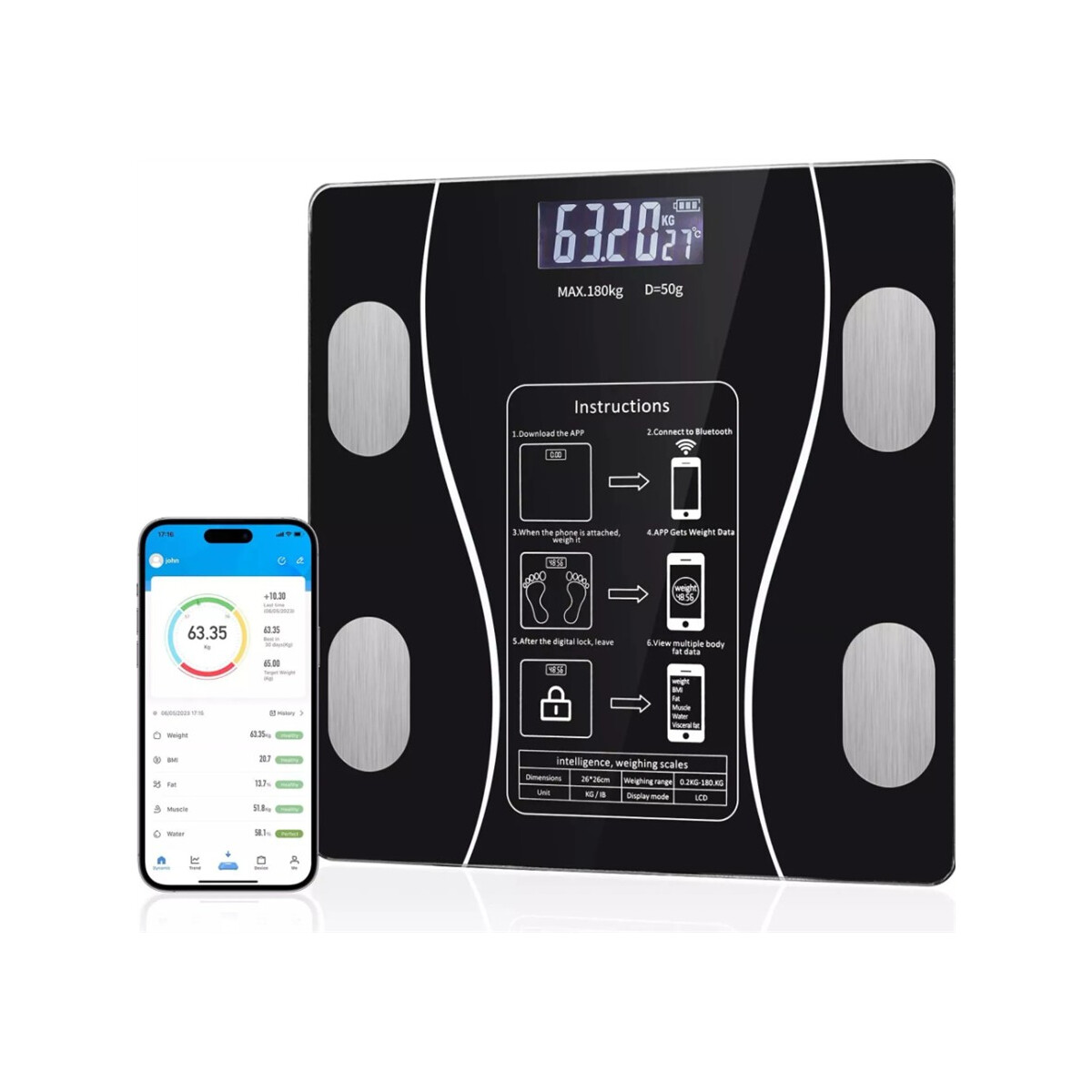 Digitale Körperfettwaage Bluetooth Waage mit BMI APP LC