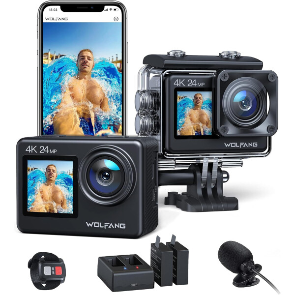 WOLFANG GA200 Action Cam 4K 24MP Unterwasserkamera WiFi Full Set