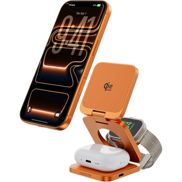LULULOOK 3in1 Qi2.2 25W Ladegerät Faltbar iPhone Watch Ohrhörer Orange