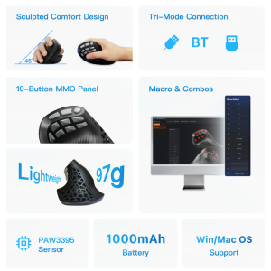 SOLAKAKA E9 Pro Gaming Maus Ergonomisch Vertikal MMO Schwarz