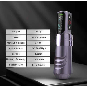 Kabellose Tattoo Maschine 4,0mm 1800mAh Pen 2 Akkus Kernloser Motor Lavender Metallic