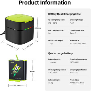 2x Akku 1750mAh Ladebox GoPro Hero 9 10 11 TELESIN GP-FCK-B11