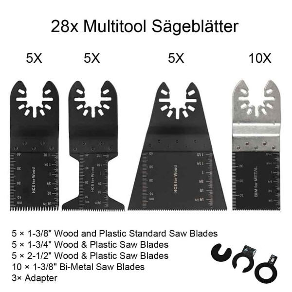 28x Multitool Sägeblätter Holz Kunststoff Bi-Metall 35 45 64mm Adapter